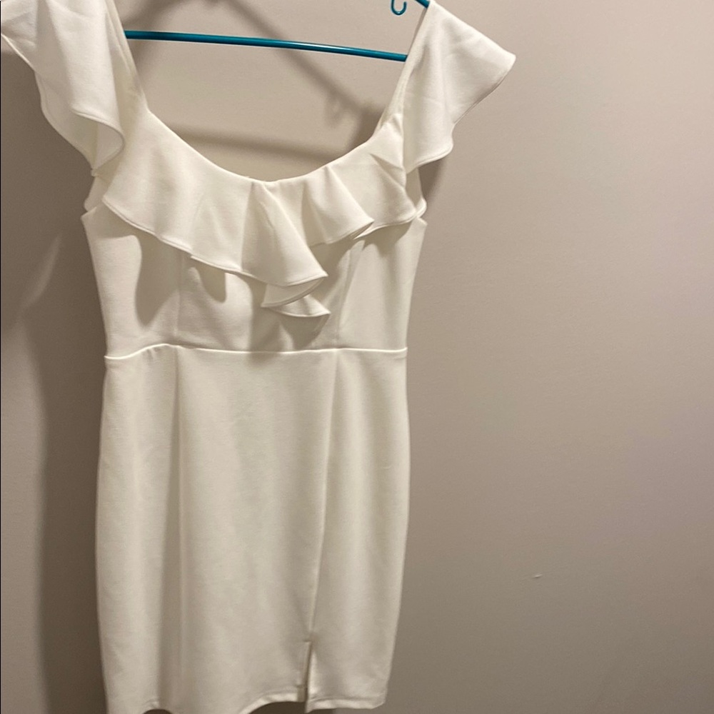 Blue Blush White Ruffled Off-Shoulder Mini Dress